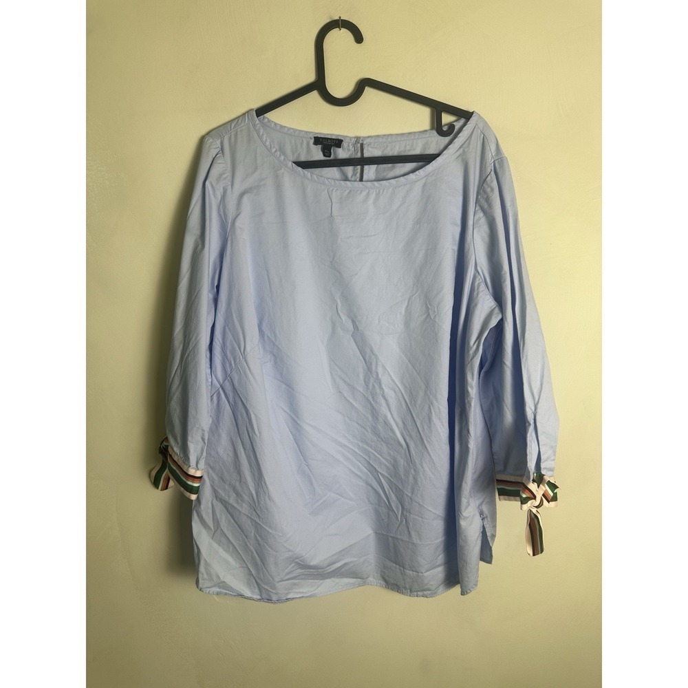 Talbots Top Womens Sz 1X PetiteBlue Boat Neck Striped Tie Sleeve Accent Side Zip